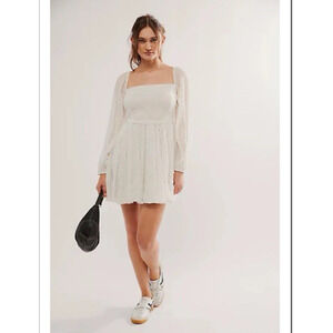 Free People White Mini Dress with Long Puff Sleeves